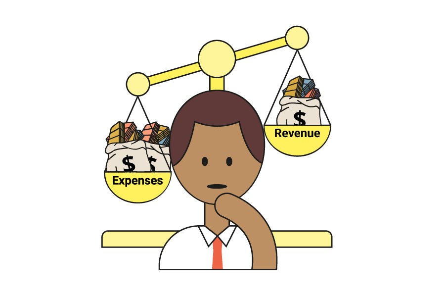 A traditional balance scale is used to show a person thinking about economic value. The expenses outweigh the revenue.