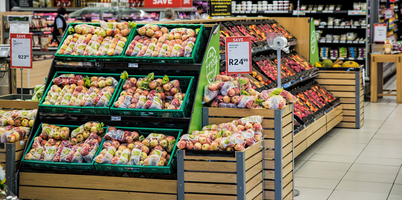 Goods lined up on shelves in a grocery store