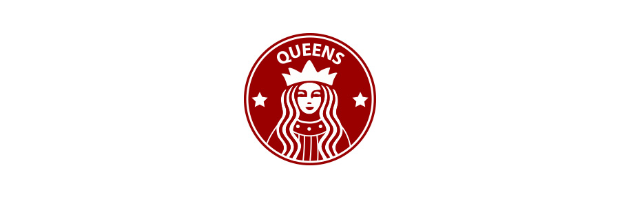 Red and white logo uses line art and styling of the Starbucks trade mark