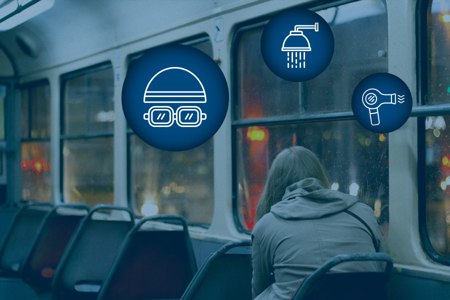 Woman on public transport with symbols representing the things that frustrate her when she swims before work.